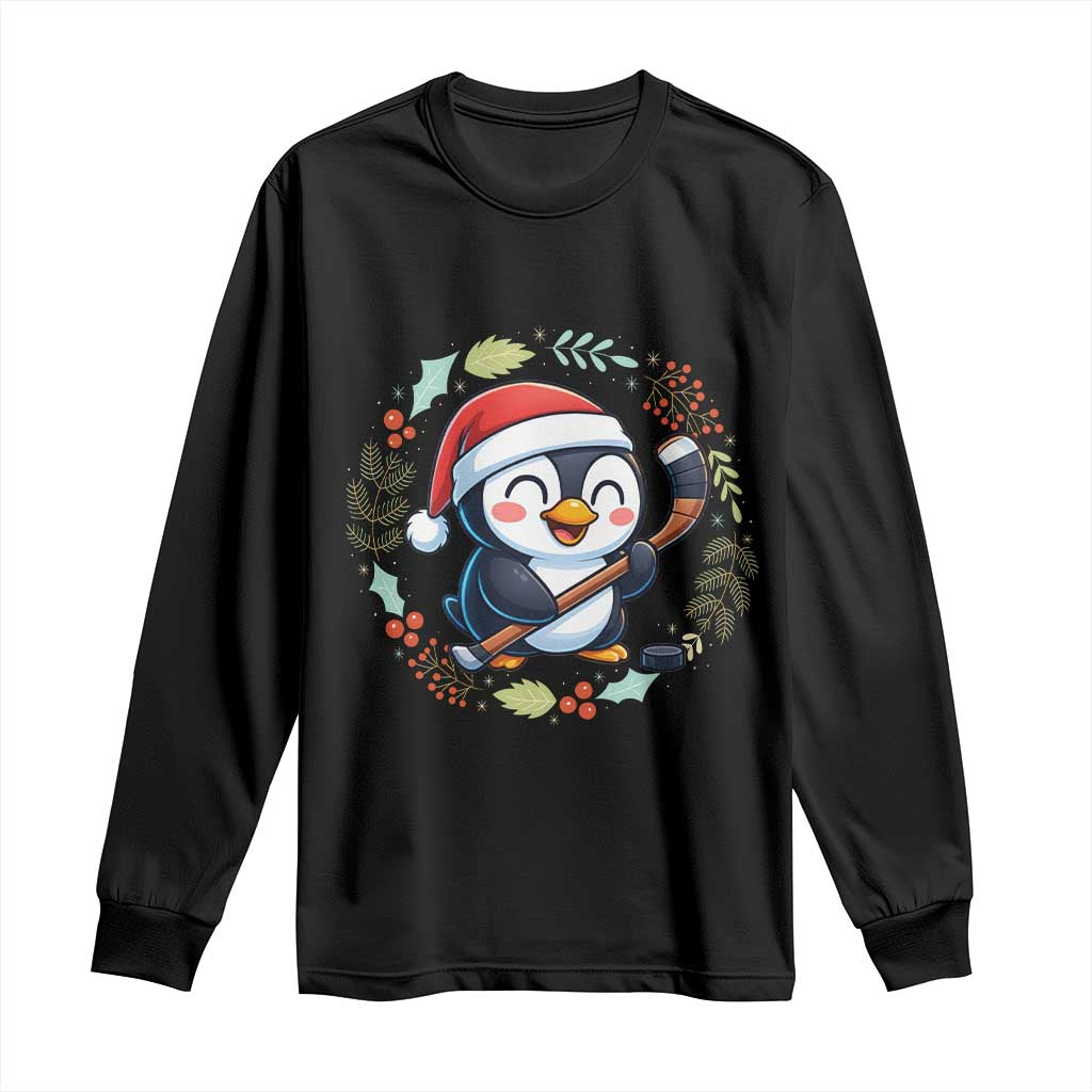 Cute Penguin Playing Ice Hockey Long Sleeve Shirt Funny Christmas Gift TS12 Black Print Your Wear