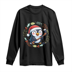 Cute Penguin Playing Ice Hockey Long Sleeve Shirt Funny Christmas Gift TS12 Black Print Your Wear