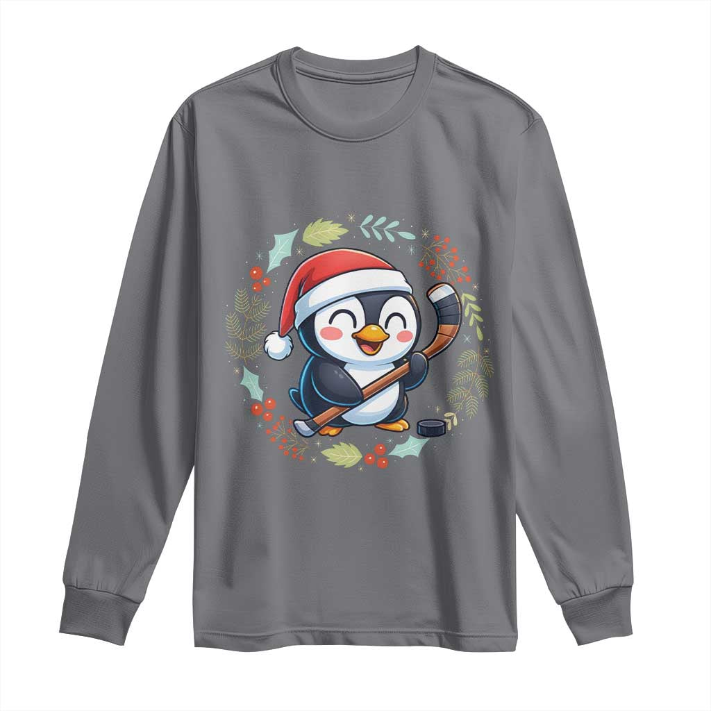 Cute Penguin Playing Ice Hockey Long Sleeve Shirt Funny Christmas Gift TS12 Charcoal Print Your Wear