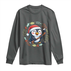 Cute Penguin Playing Ice Hockey Long Sleeve Shirt Funny Christmas Gift TS12 Dark Heather Print Your Wear