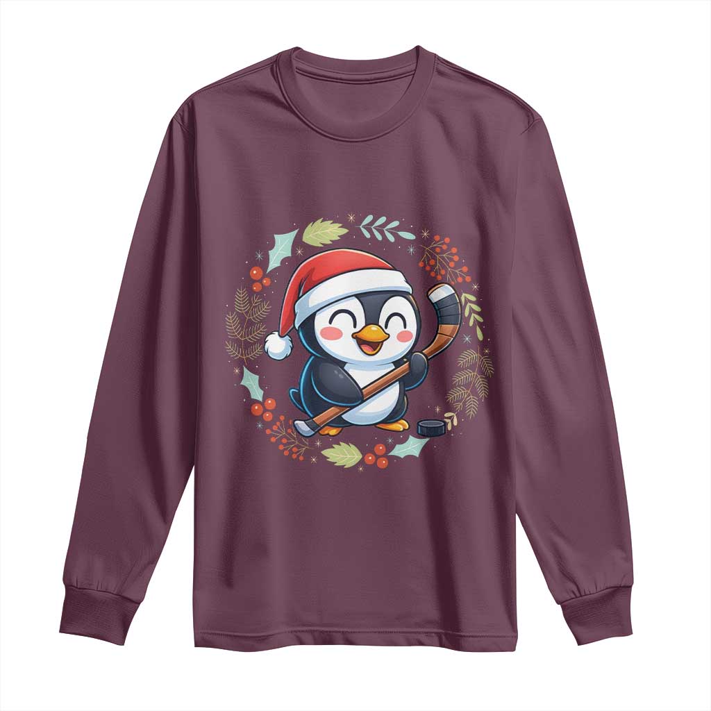Cute Penguin Playing Ice Hockey Long Sleeve Shirt Funny Christmas Gift TS12 Maroon Print Your Wear