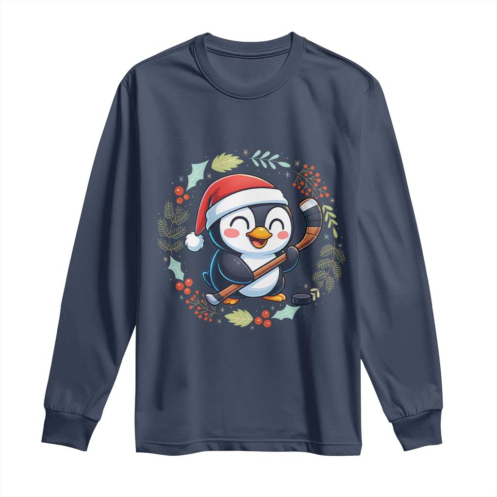 Cute Penguin Playing Ice Hockey Long Sleeve Shirt Funny Christmas Gift TS12 Navy Print Your Wear