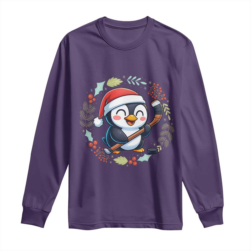 Cute Penguin Playing Ice Hockey Long Sleeve Shirt Funny Christmas Gift TS12 Purple Print Your Wear