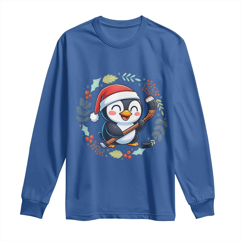 Cute Penguin Playing Ice Hockey Long Sleeve Shirt Funny Christmas Gift TS12 Royal Blue Print Your Wear