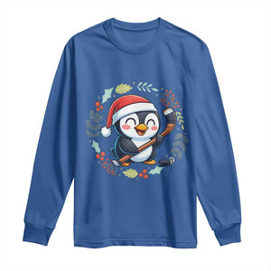 Cute Penguin Playing Ice Hockey Long Sleeve Shirt Funny Christmas Gift TS12 Royal Blue Print Your Wear