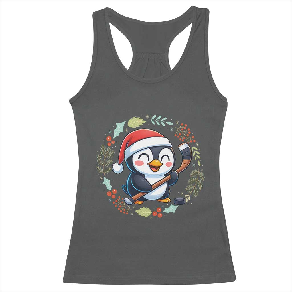 Cute Penguin Playing Ice Hockey Racerback Tank Top Funny Christmas Gift TS12 Dark Heather Print Your Wear