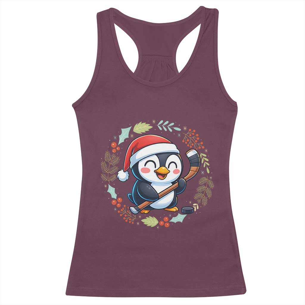 Cute Penguin Playing Ice Hockey Racerback Tank Top Funny Christmas Gift TS12 Maroon Print Your Wear