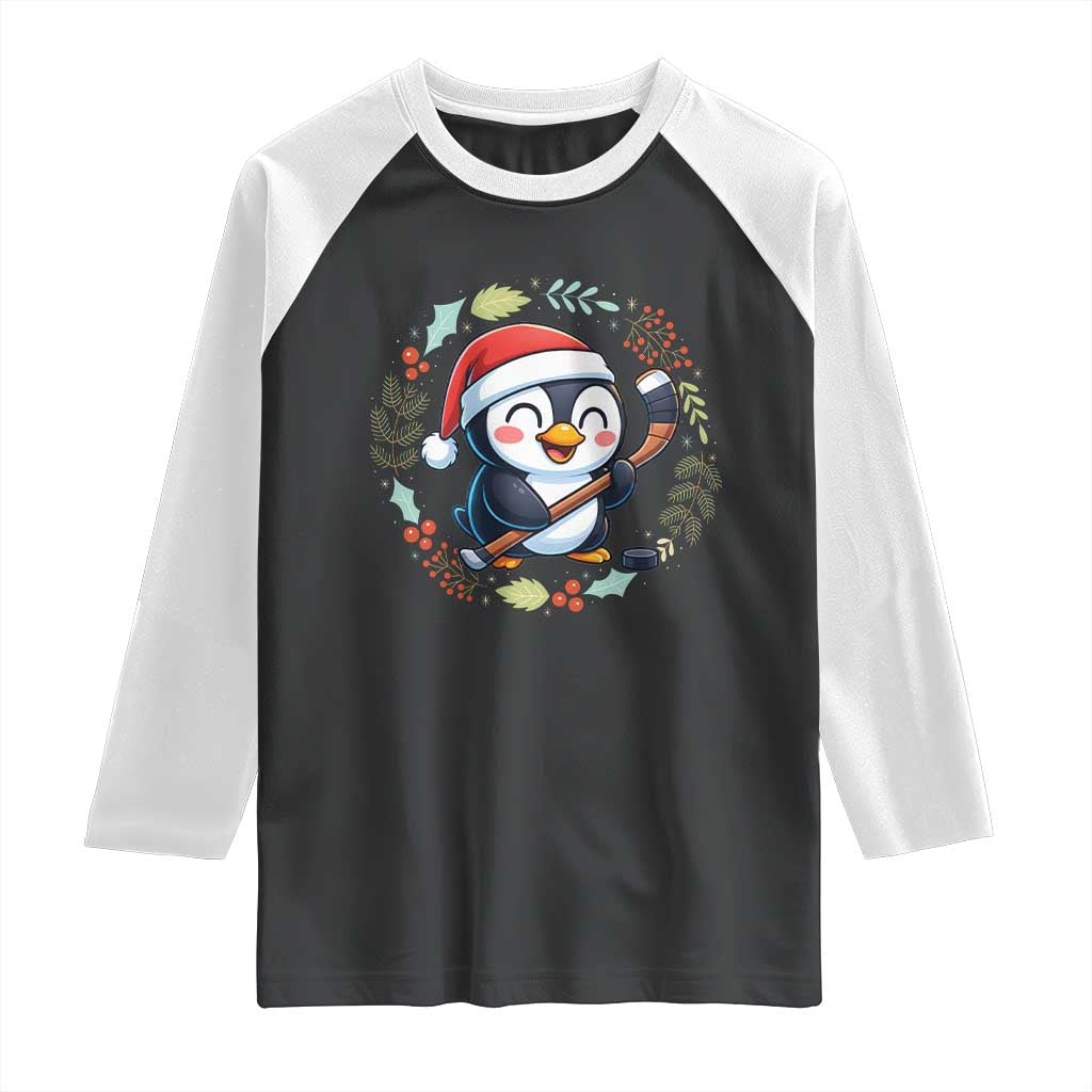 Cute Penguin Playing Ice Hockey Raglan Shirt Funny Christmas Gift TS12 Black White Print Your Wear