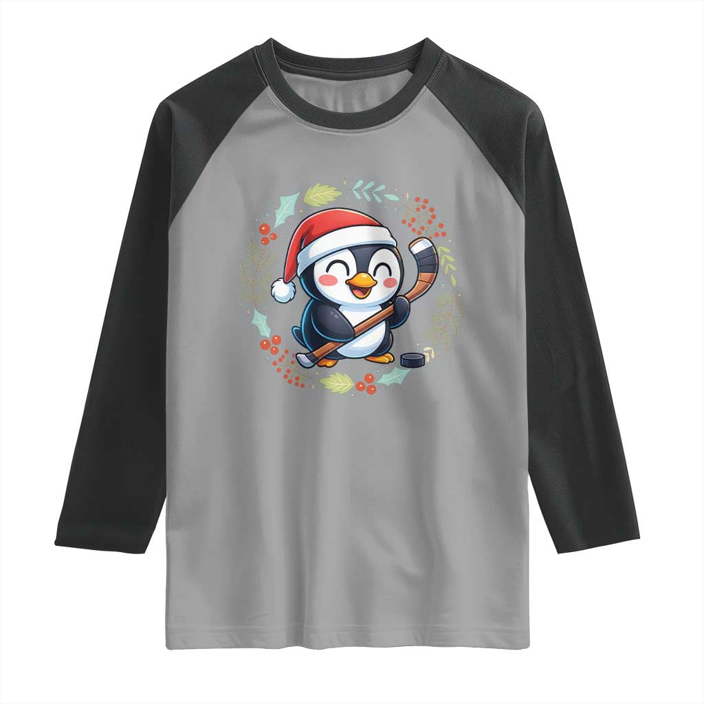 Cute Penguin Playing Ice Hockey Raglan Shirt Funny Christmas Gift TS12 Sport Gray Black Print Your Wear