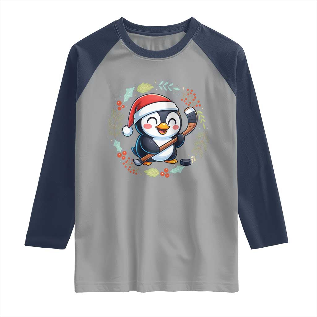 Cute Penguin Playing Ice Hockey Raglan Shirt Funny Christmas Gift TS12 Sport Gray Navy Print Your Wear