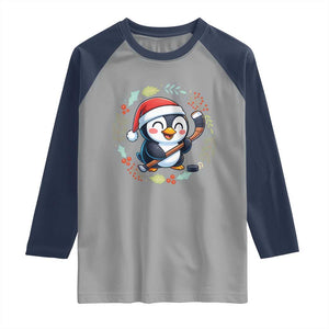 Cute Penguin Playing Ice Hockey Raglan Shirt Funny Christmas Gift TS12 Sport Gray Navy Print Your Wear