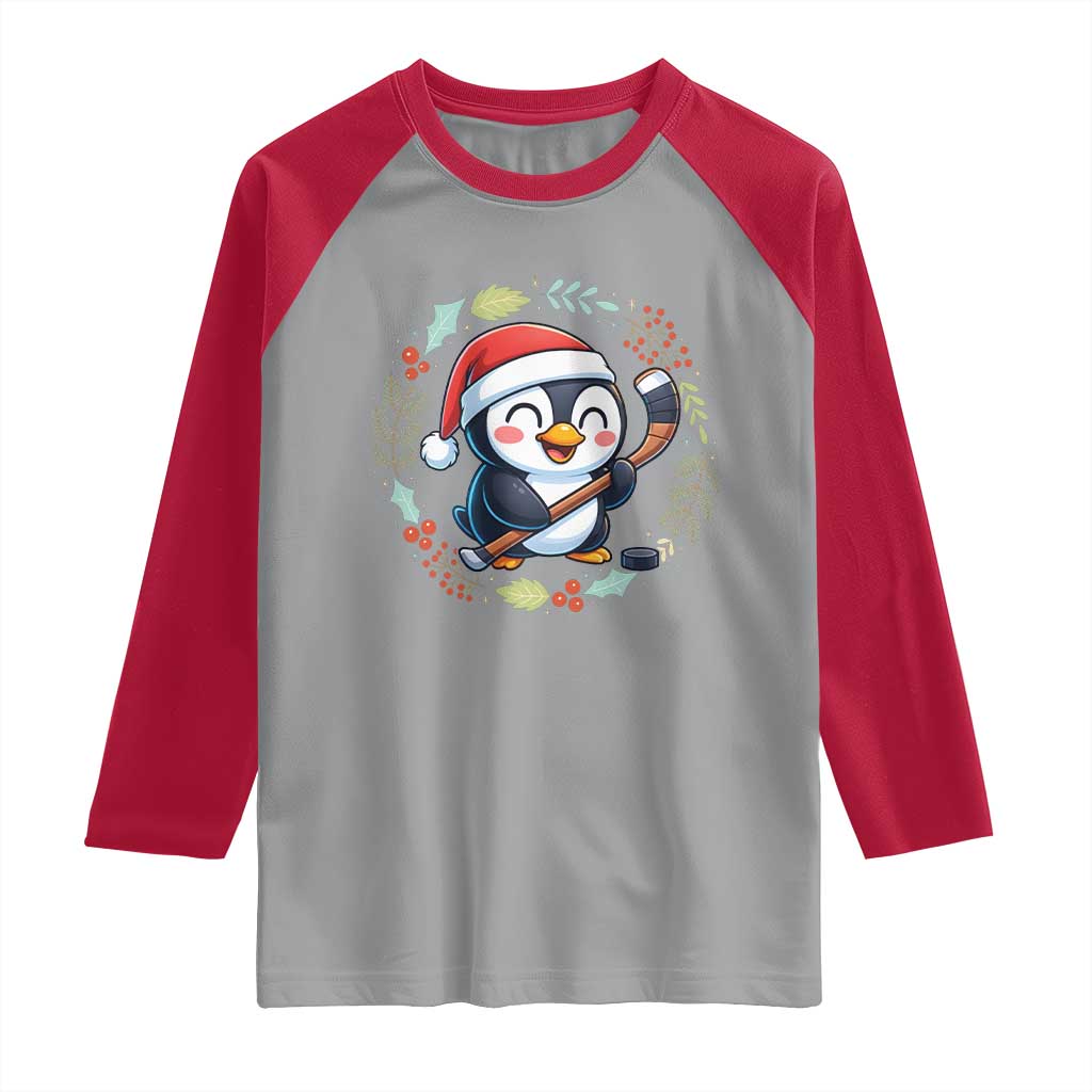 Cute Penguin Playing Ice Hockey Raglan Shirt Funny Christmas Gift TS12 Sport Gray Red Print Your Wear