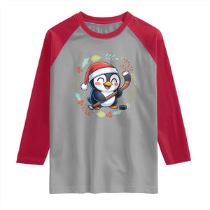 Cute Penguin Playing Ice Hockey Raglan Shirt Funny Christmas Gift TS12 Sport Gray Red Print Your Wear