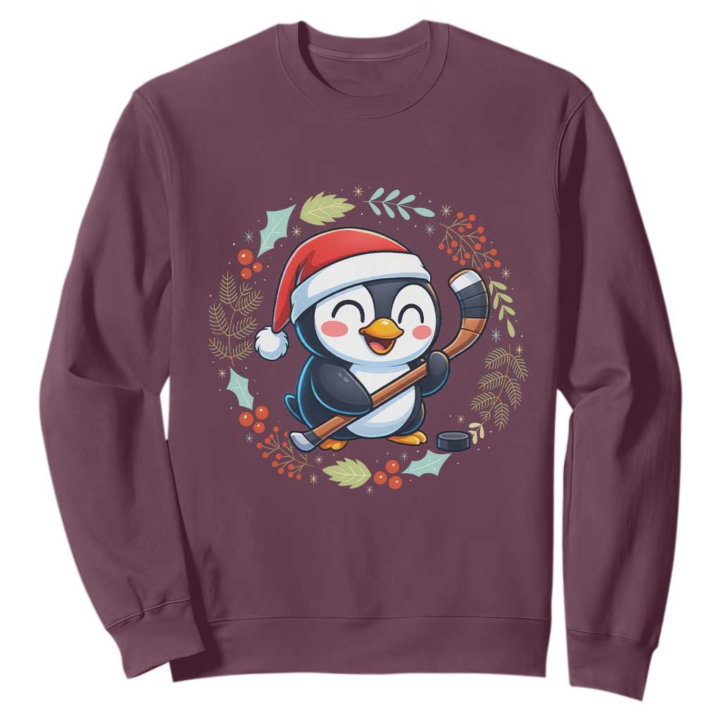 Cute Penguin Playing Ice Hockey Sweatshirt Funny Christmas Gift TS12 Maroon Print Your Wear