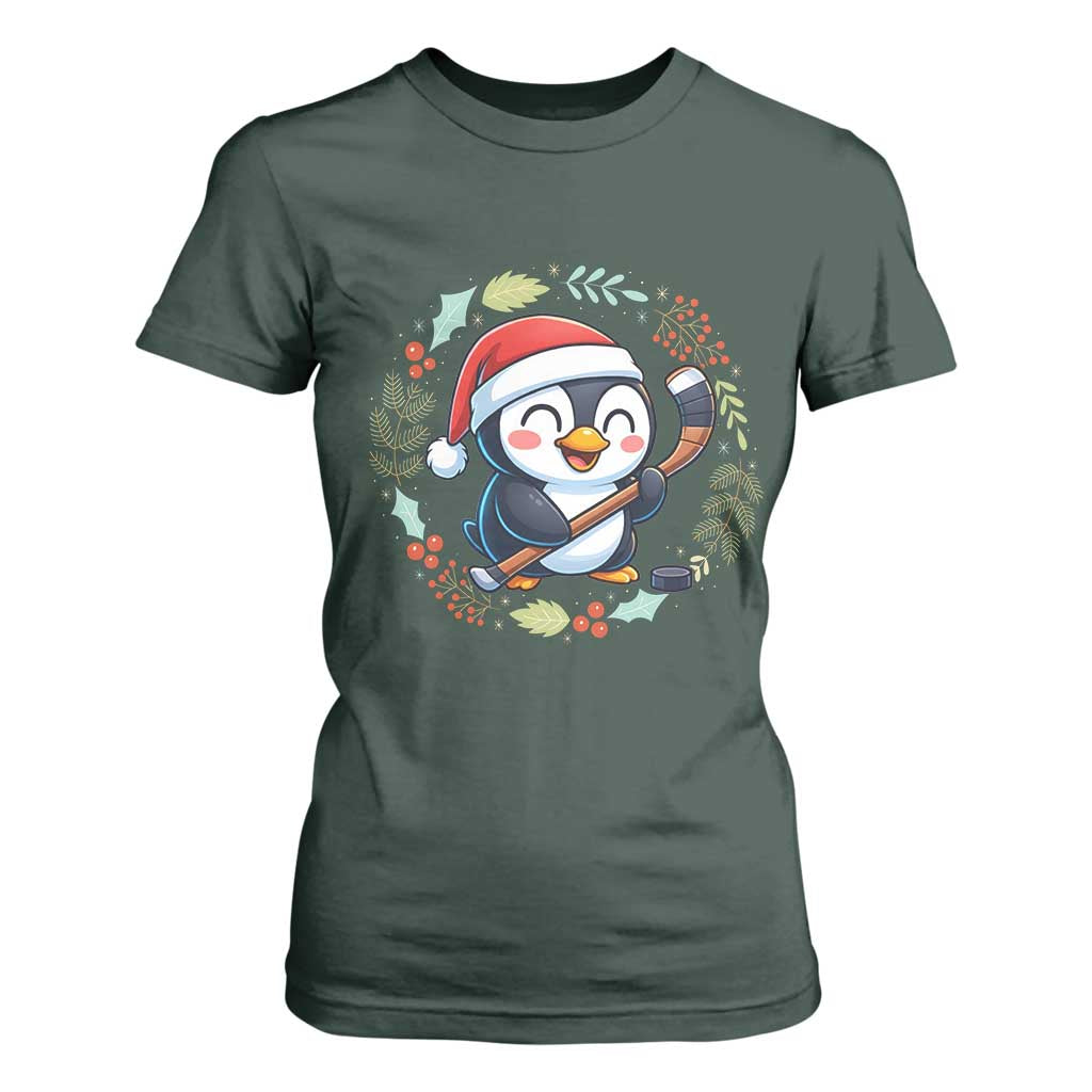 Cute Penguin Playing Ice Hockey T Shirt For Women Funny Christmas Gift TS12 Dark Forest Green Print Your Wear