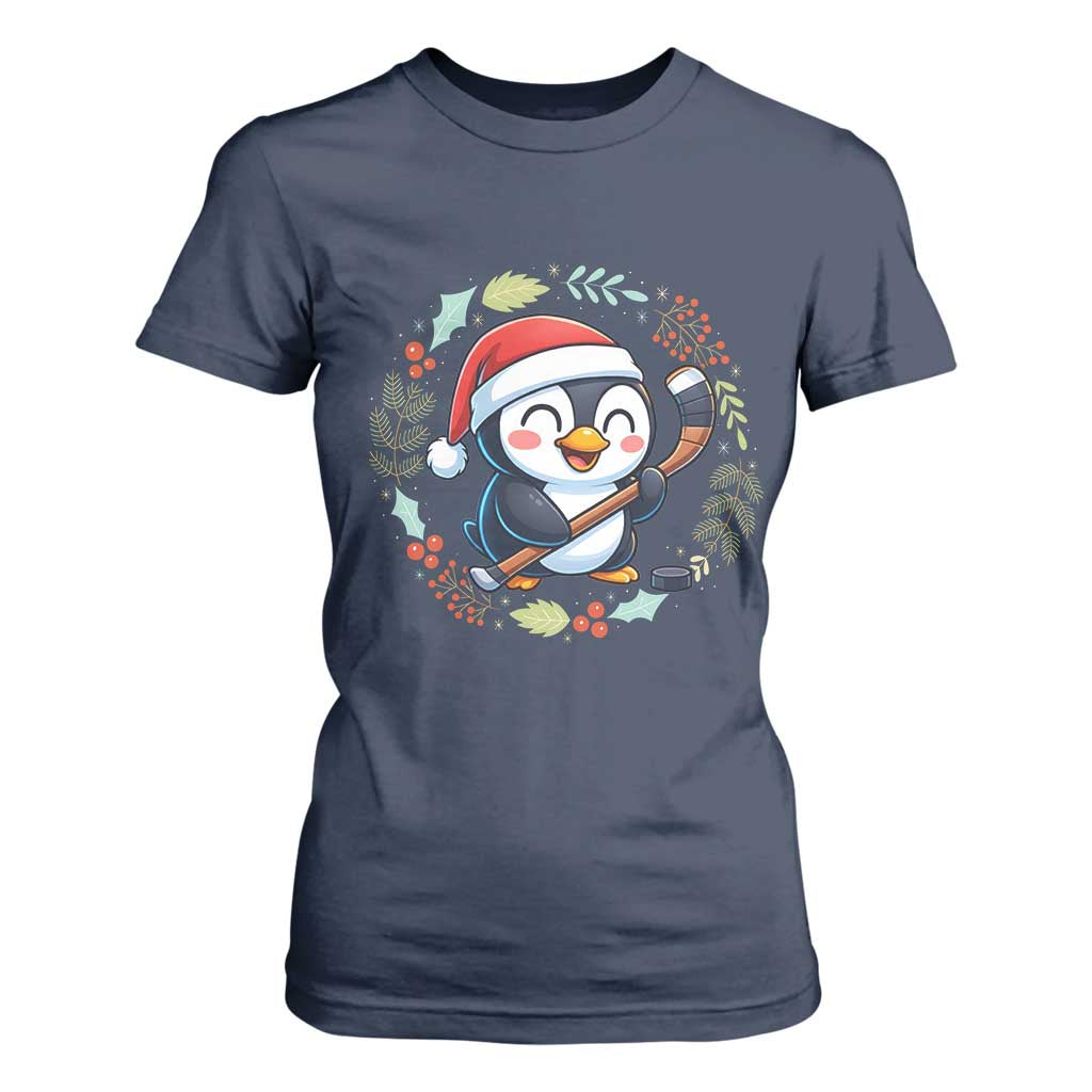 Cute Penguin Playing Ice Hockey T Shirt For Women Funny Christmas Gift TS12 Navy Print Your Wear