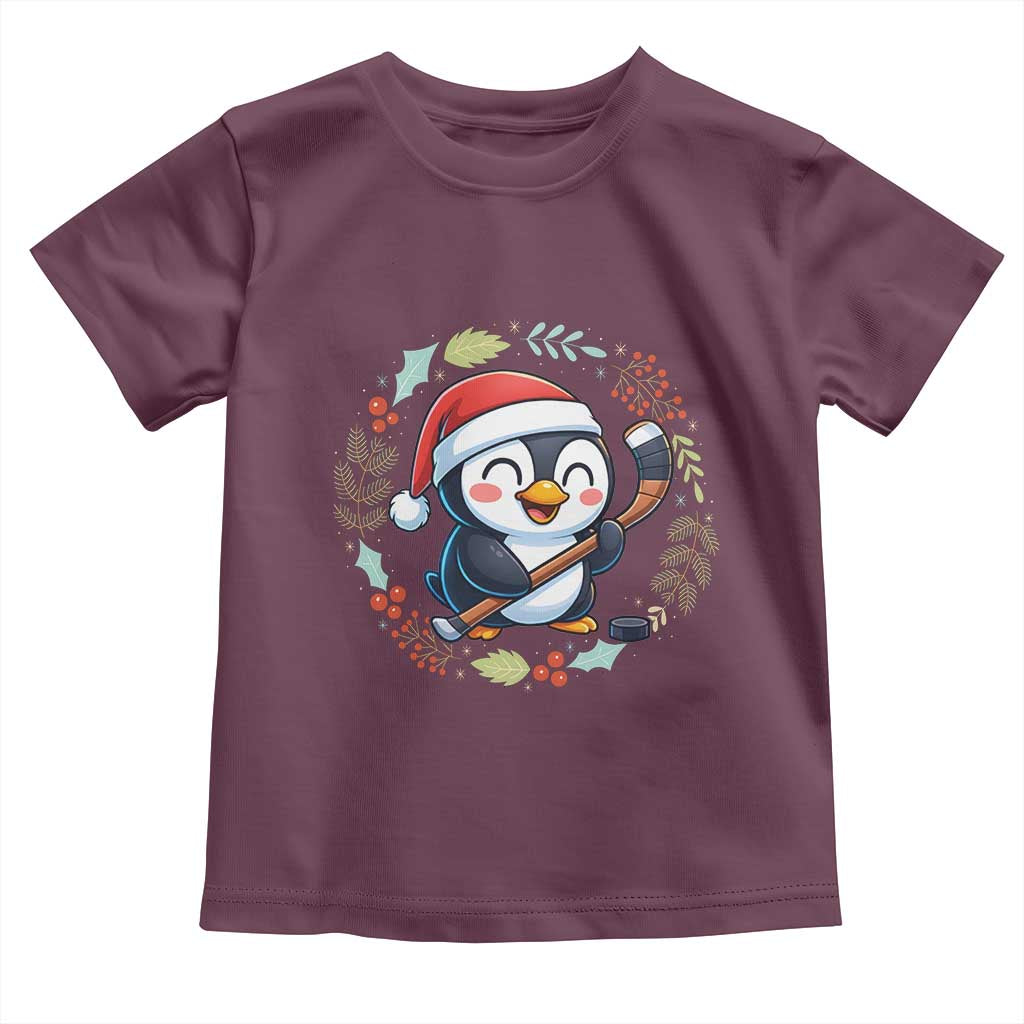 Cute Penguin Playing Ice Hockey Toddler T Shirt Funny Christmas Gift TS12 Maroon Print Your Wear