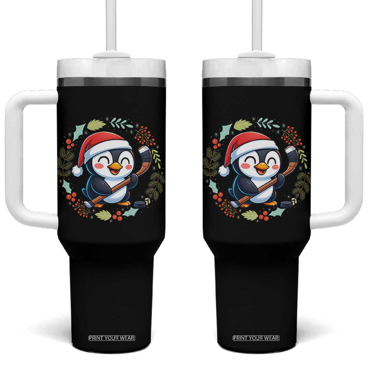 Cute Penguin Playing Ice Hockey Tumbler With Handle Funny Christmas Gift TS12 One Size: 40 oz Black Print Your Wear