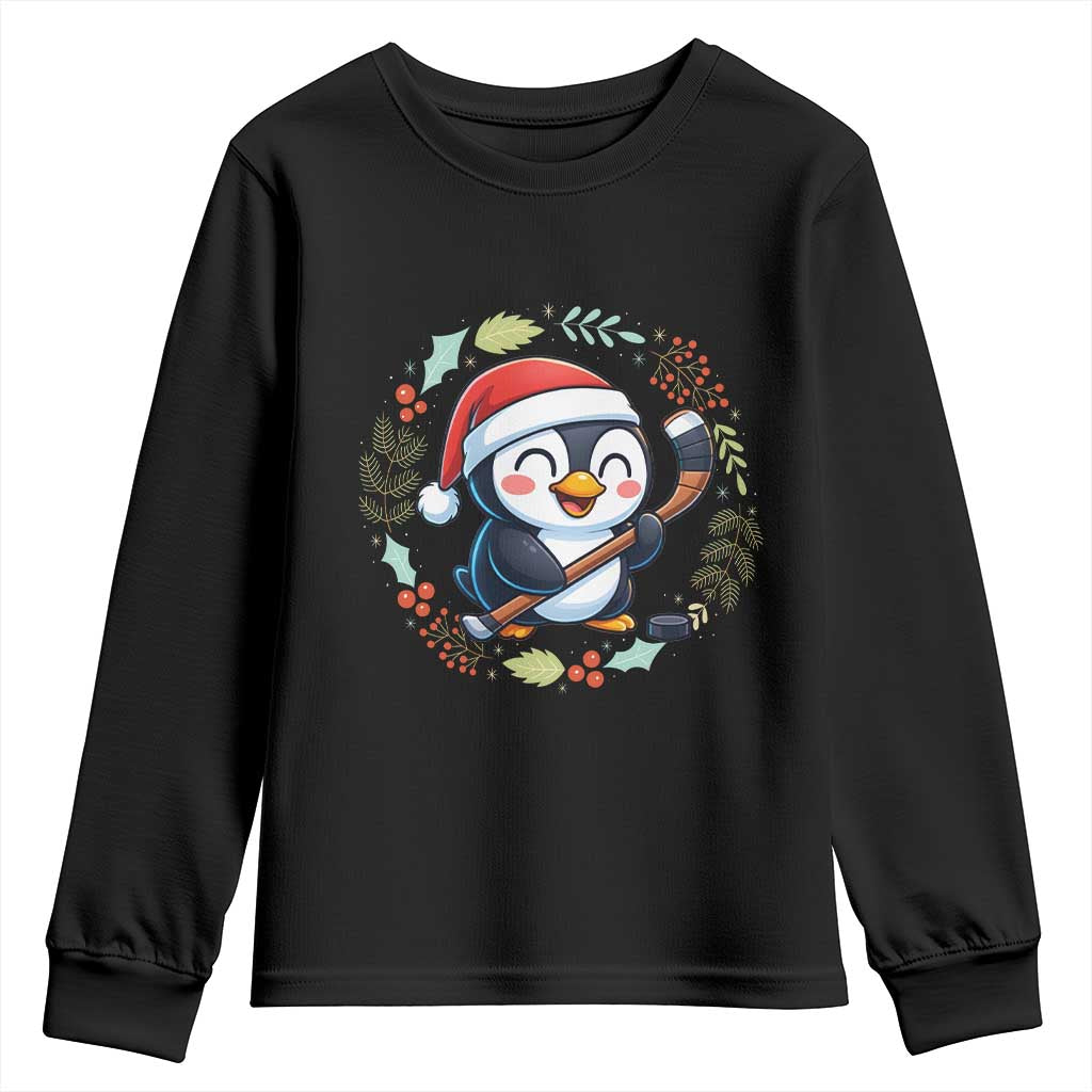 Cute Penguin Playing Ice Hockey Youth Sweatshirt Funny Christmas Gift TS12 Black Print Your Wear
