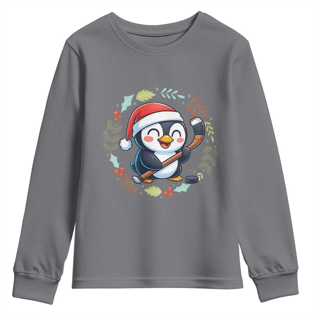 Cute Penguin Playing Ice Hockey Youth Sweatshirt Funny Christmas Gift TS12 Charcoal Print Your Wear