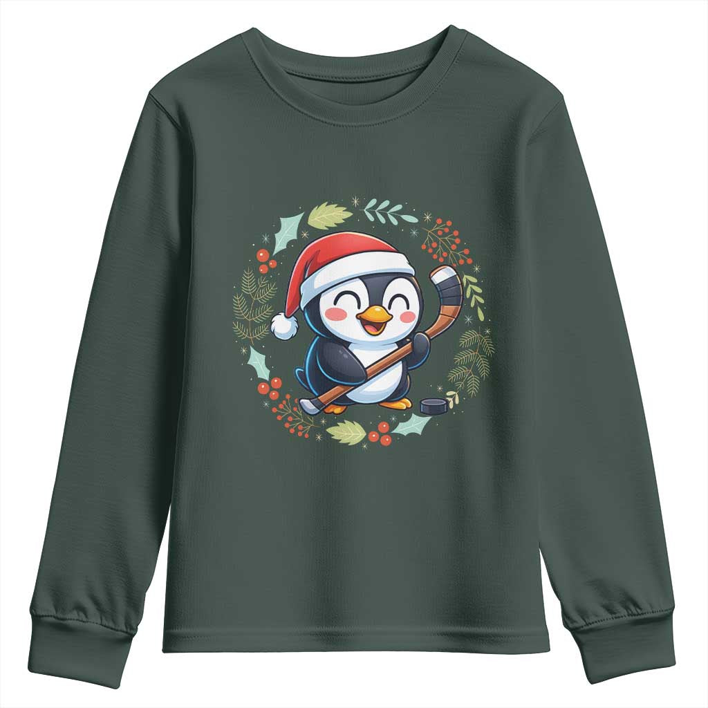 Cute Penguin Playing Ice Hockey Youth Sweatshirt Funny Christmas Gift TS12 Dark Forest Green Print Your Wear