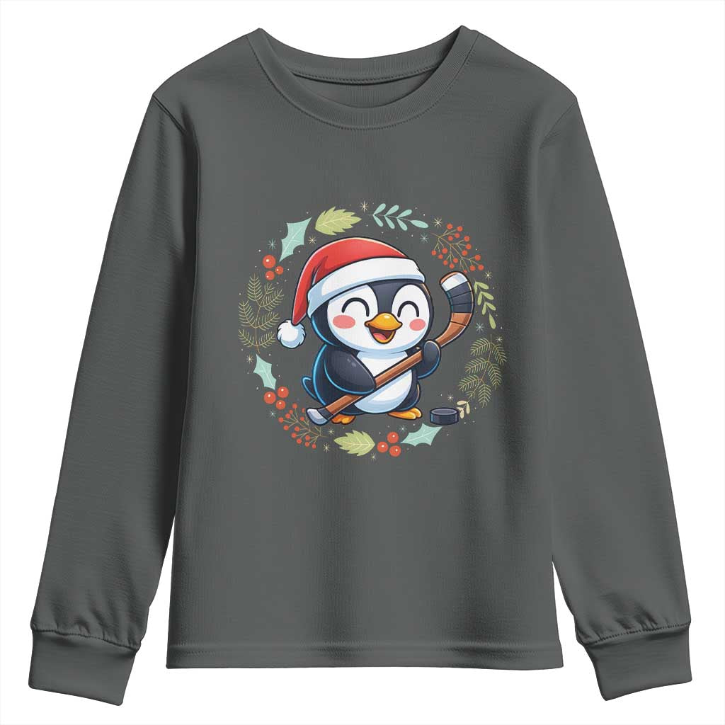 Cute Penguin Playing Ice Hockey Youth Sweatshirt Funny Christmas Gift TS12 Dark Heather Print Your Wear