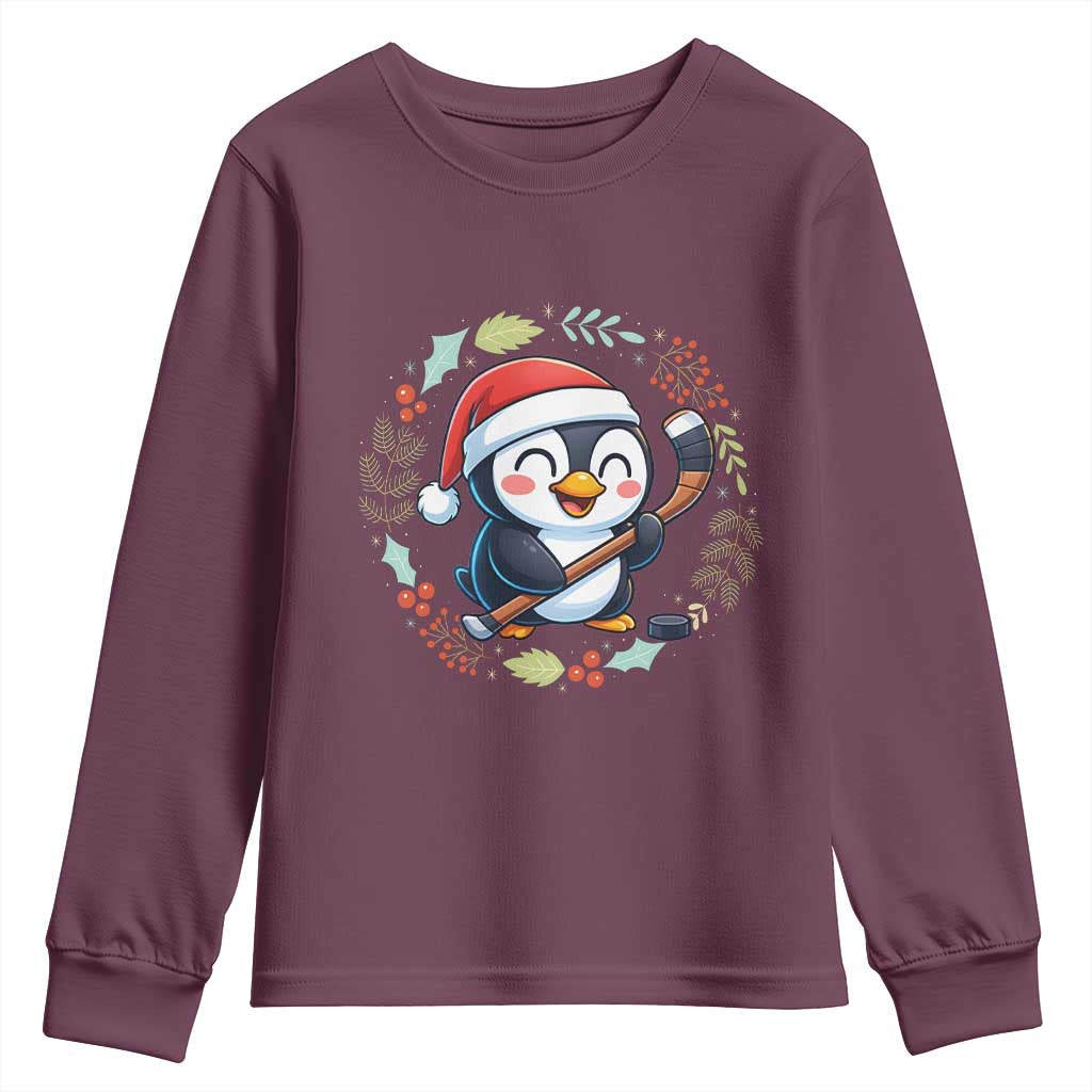 Cute Penguin Playing Ice Hockey Youth Sweatshirt Funny Christmas Gift TS12 Maroon Print Your Wear