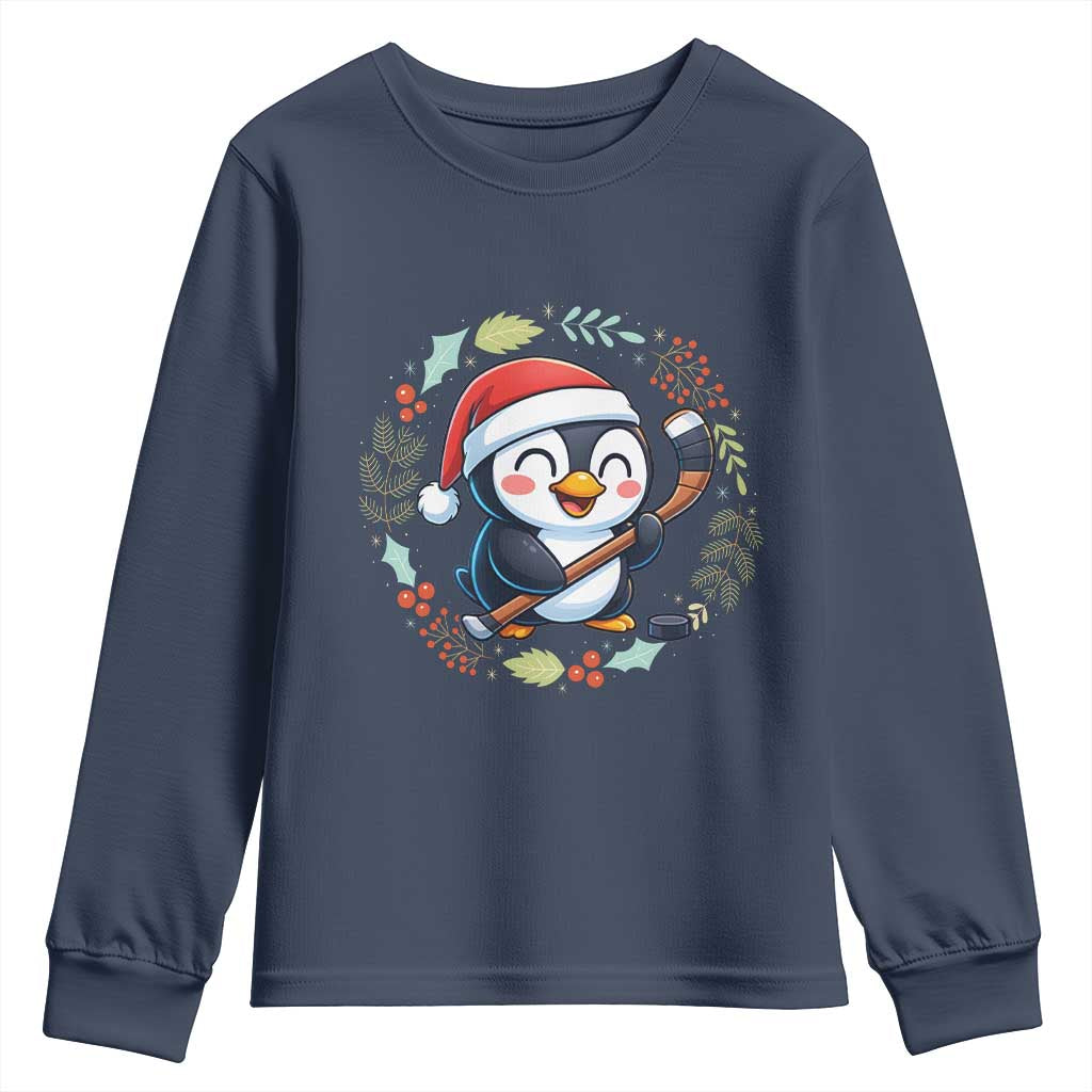 Cute Penguin Playing Ice Hockey Youth Sweatshirt Funny Christmas Gift TS12 Navy Print Your Wear