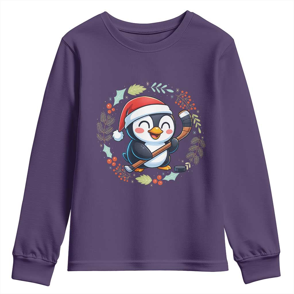 Cute Penguin Playing Ice Hockey Youth Sweatshirt Funny Christmas Gift TS12 Purple Print Your Wear