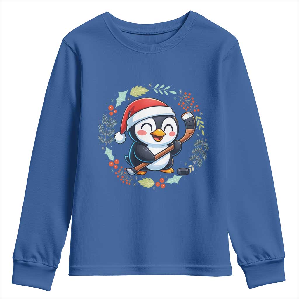 Cute Penguin Playing Ice Hockey Youth Sweatshirt Funny Christmas Gift TS12 Royal Blue Print Your Wear