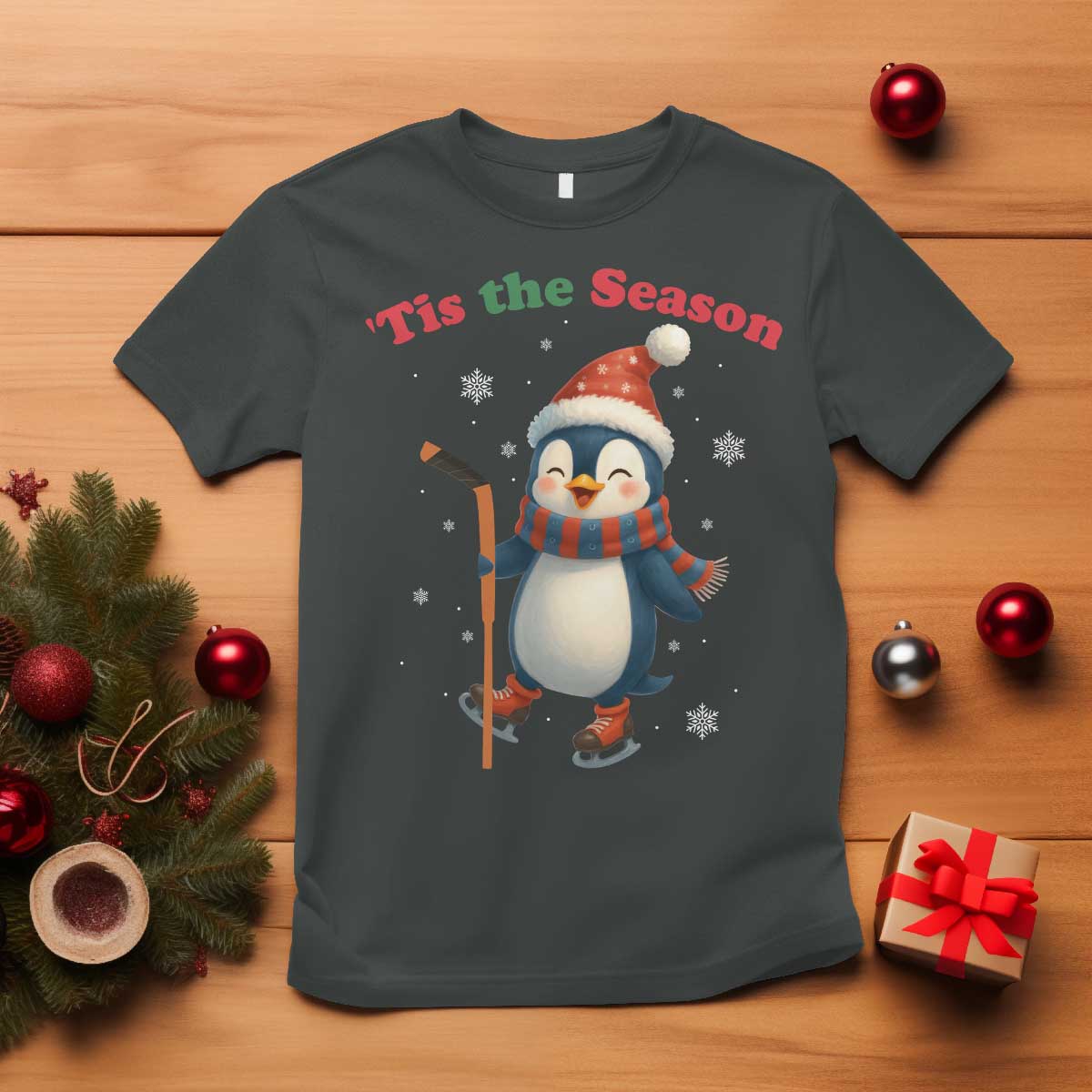 Cute Penguin Tis The Season T Shirt Funny Christmas Gift For Holiday Fans TS12 Dark Heather Print Your Wear