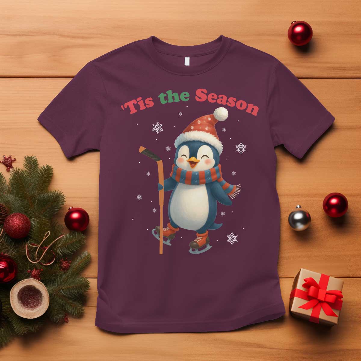 Cute Penguin Tis The Season T Shirt Funny Christmas Gift For Holiday Fans TS12 Maroon Print Your Wear