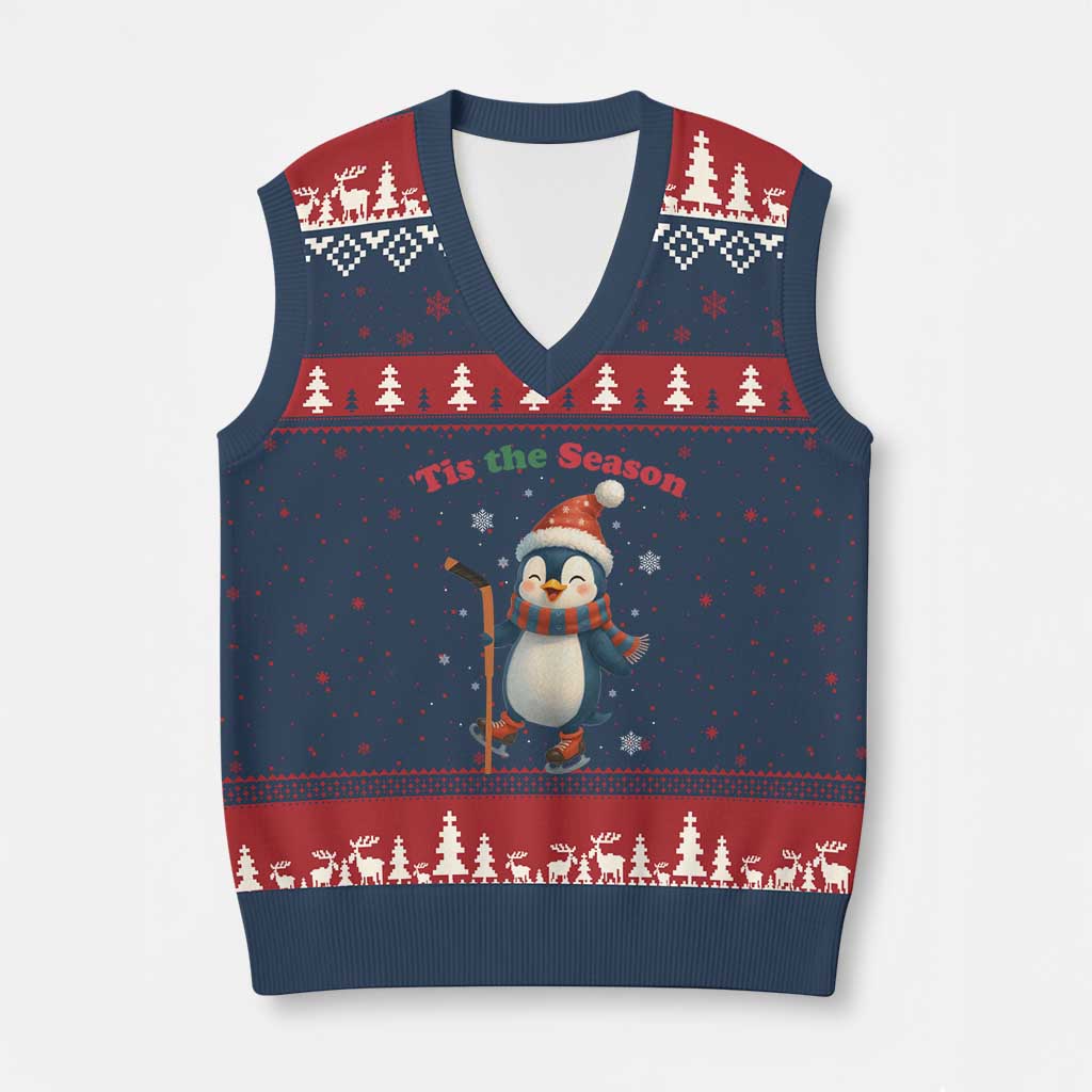 Cute Penguin Tis The Season V-Neck Knit Sweater Vest Funny Xmas Gift For Holiday Fans TS12 Navy Red Print Your Wear