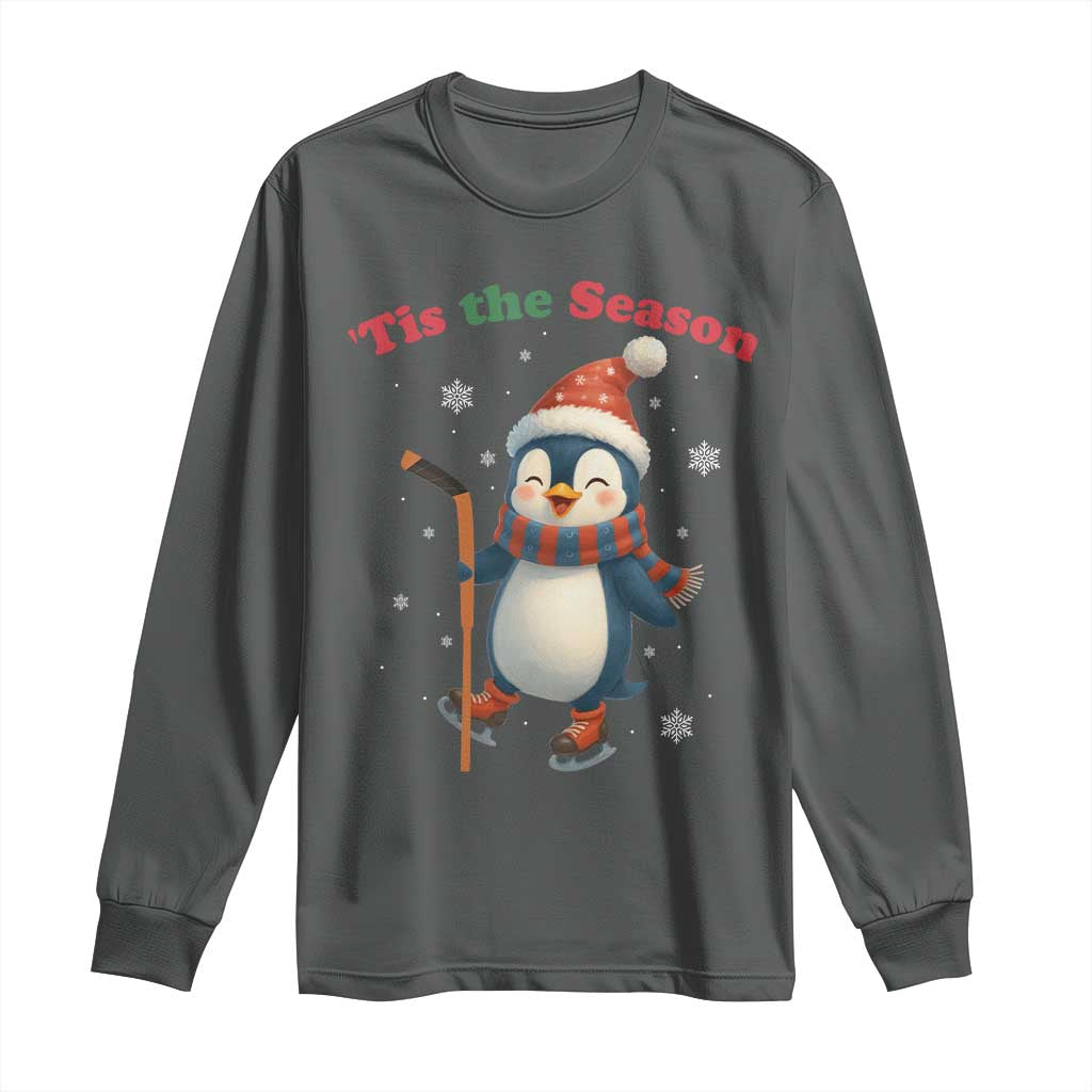 Cute Penguin Tis The Season Long Sleeve Shirt Funny Christmas Gift For Holiday Fans TS12 Dark Heather Print Your Wear
