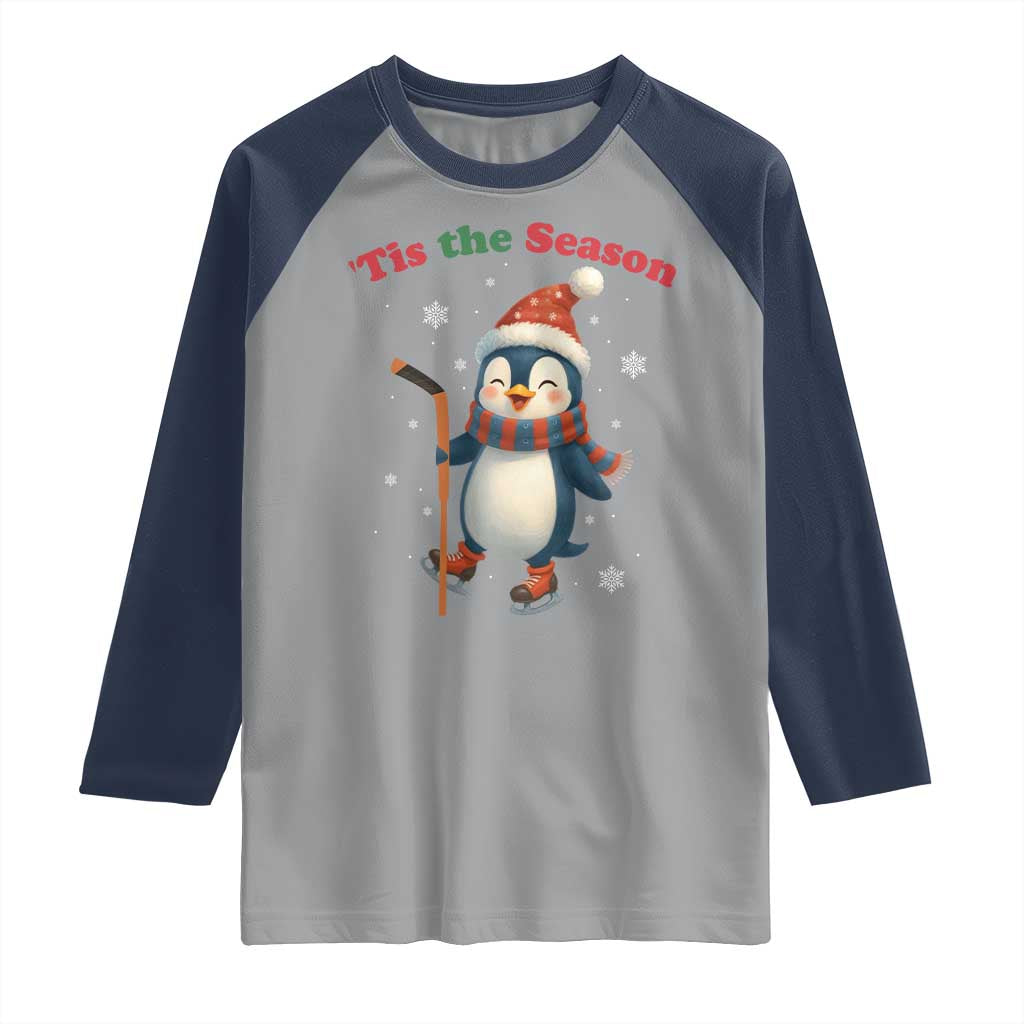 Cute Penguin Tis The Season Raglan Shirt Funny Christmas Gift For Holiday Fans TS12 Sport Gray Navy Print Your Wear