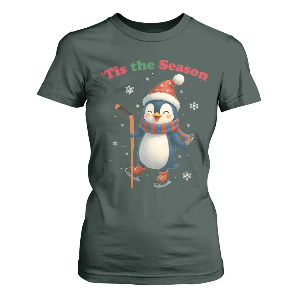 Cute Penguin Tis The Season T Shirt For Women Funny Christmas Gift For Holiday Fans TS12 Dark Forest Green Print Your Wear