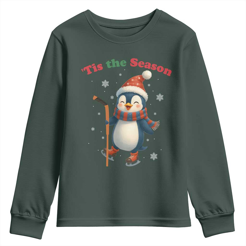 Cute Penguin Tis The Season Youth Sweatshirt Funny Christmas Gift For Holiday Fans TS12 Dark Forest Green Print Your Wear