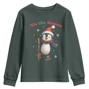 Cute Penguin Tis The Season Youth Sweatshirt Funny Christmas Gift For Holiday Fans TS12 Dark Forest Green Print Your Wear