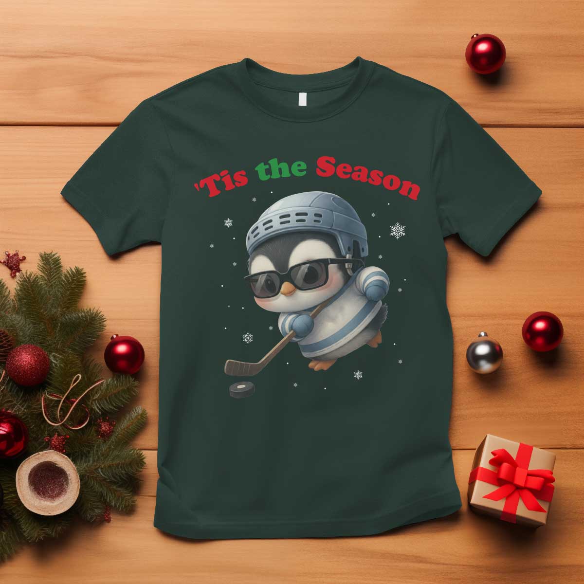 Penguin On Ice Tis The Season T Shirt Funny Christmas Gift TS12 Dark Forest Green Print Your Wear