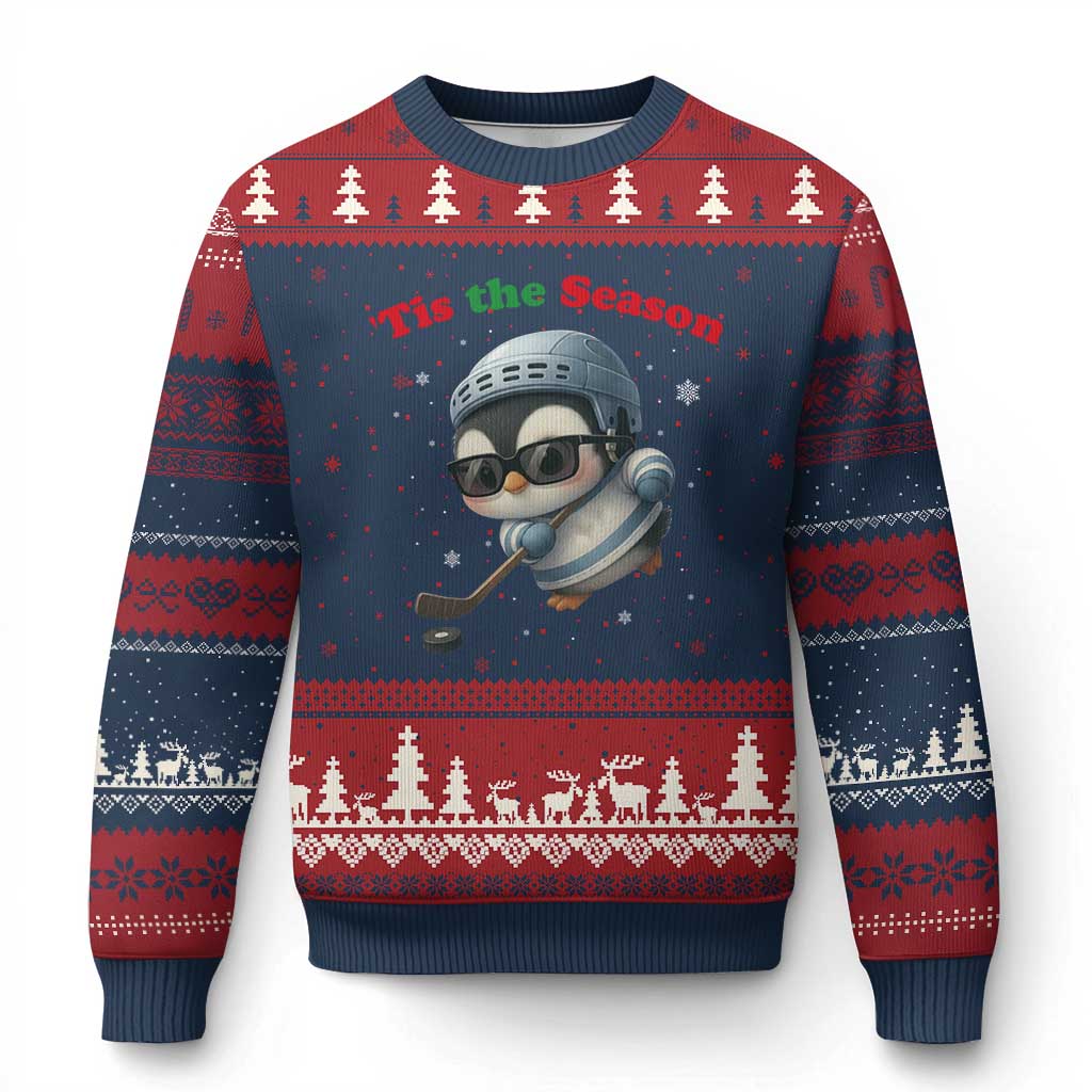 Penguin On Ice Tis The Season Ugly Christmas Sweater Funny Xmas Gift TS12 Navy Red Print Your Wear