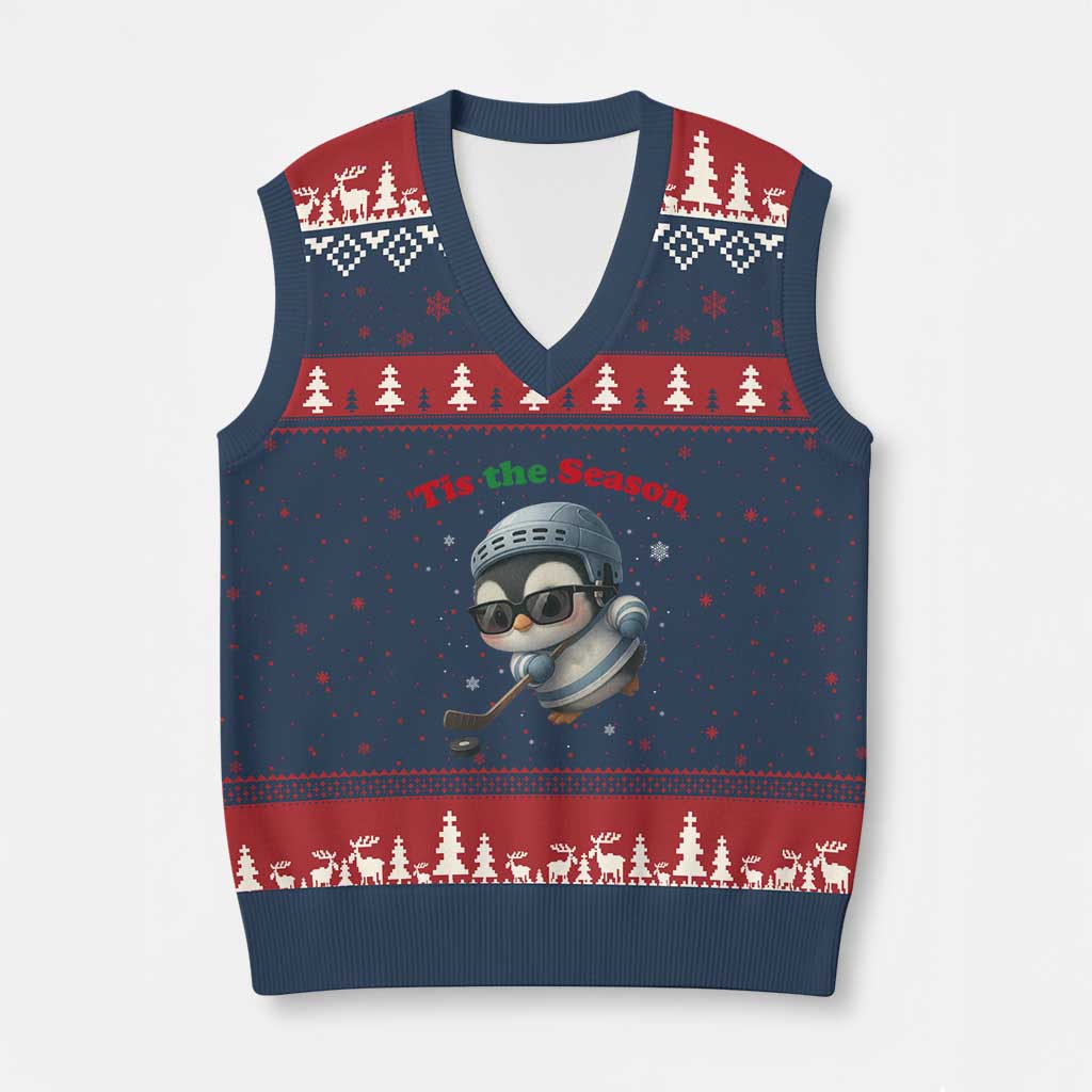 Penguin On Ice Tis The Season V-Neck Knit Sweater Vest Funny Xmas Gift TS12 Navy Red Print Your Wear