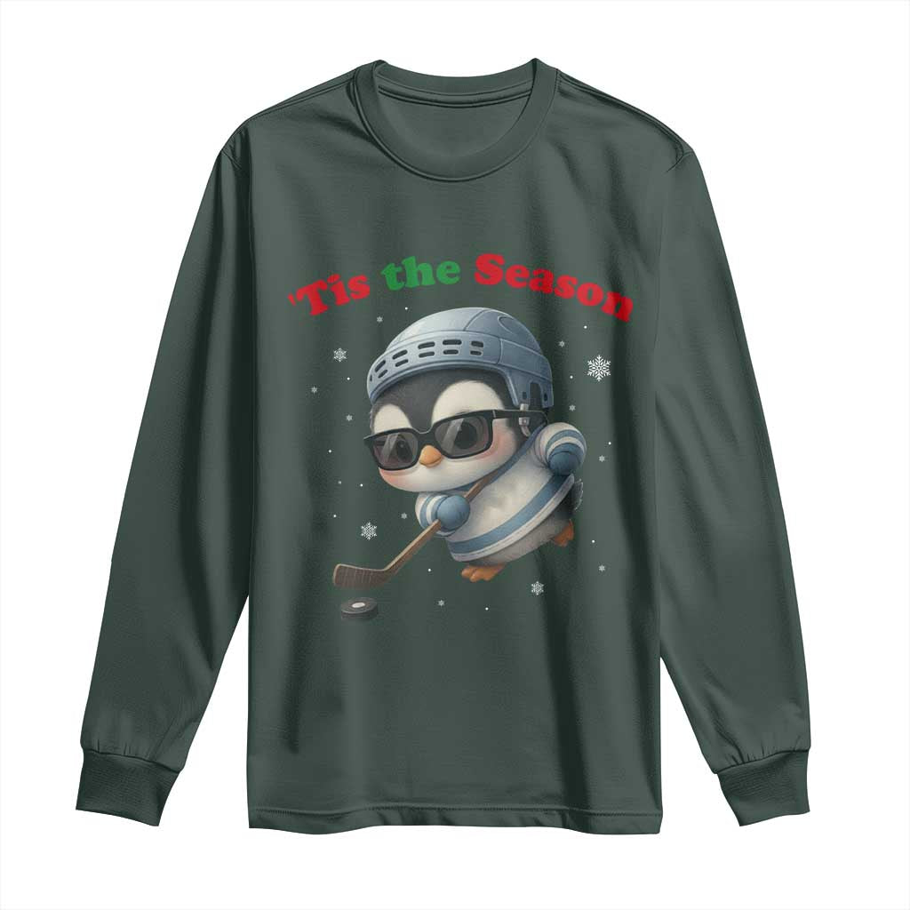 Penguin On Ice Tis The Season Long Sleeve Shirt Funny Christmas Gift TS12 Dark Forest Green Print Your Wear