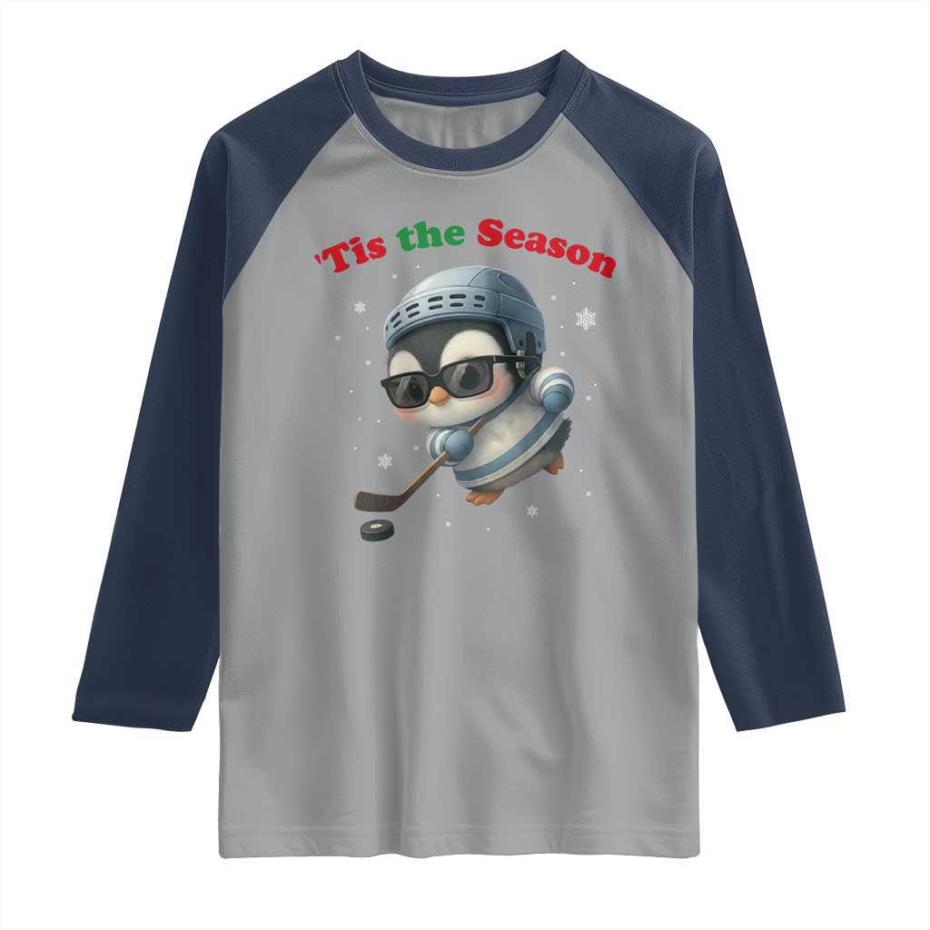 Penguin On Ice Tis The Season Raglan Shirt Funny Christmas Gift TS12 Sport Gray Navy Print Your Wear