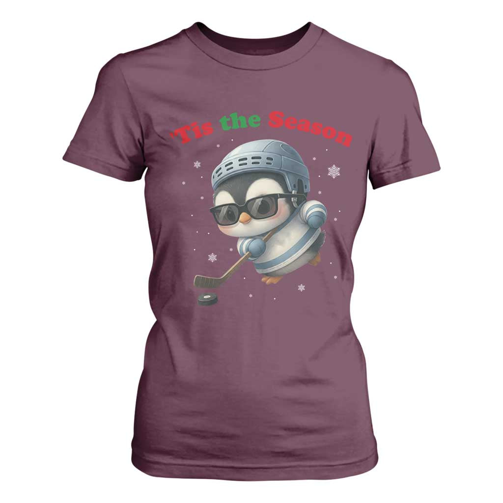 Penguin On Ice Tis The Season T Shirt For Women Funny Christmas Gift TS12 Maroon Print Your Wear