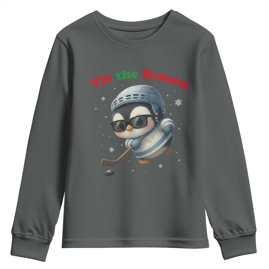 Penguin On Ice Tis The Season Youth Sweatshirt Funny Christmas Gift TS12 Dark Heather Print Your Wear