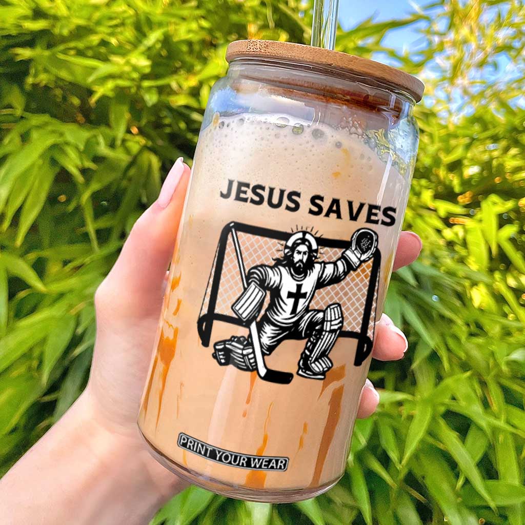 Funny Religious Ice Hockey Goalie Gift Glass Can Jesus Saves TS12 White Print Your Wear