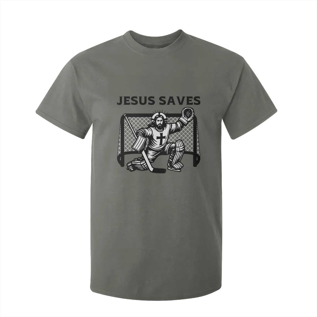 Funny Religious Ice Hockey Goalie Gift T Shirt For Kid Jesus Saves TS12 Military Green Print Your Wear