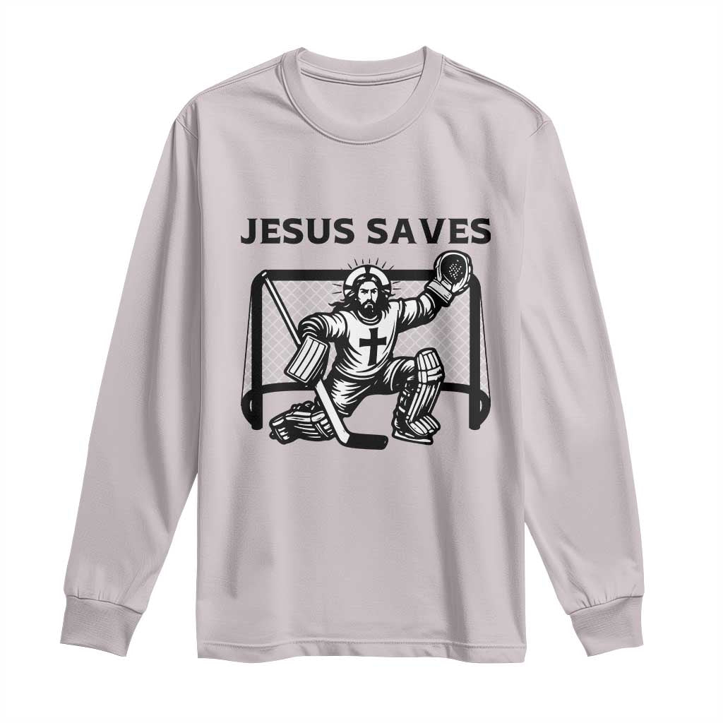 Funny Religious Ice Hockey Goalie Gift Long Sleeve Shirt Jesus Saves TS12 Ice Gray Print Your Wear
