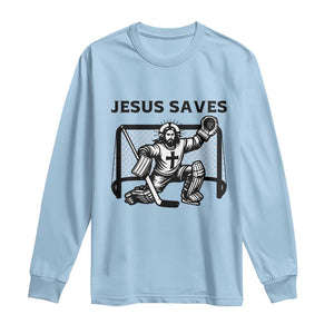 Funny Religious Ice Hockey Goalie Gift Long Sleeve Shirt Jesus Saves TS12 Light Blue Print Your Wear
