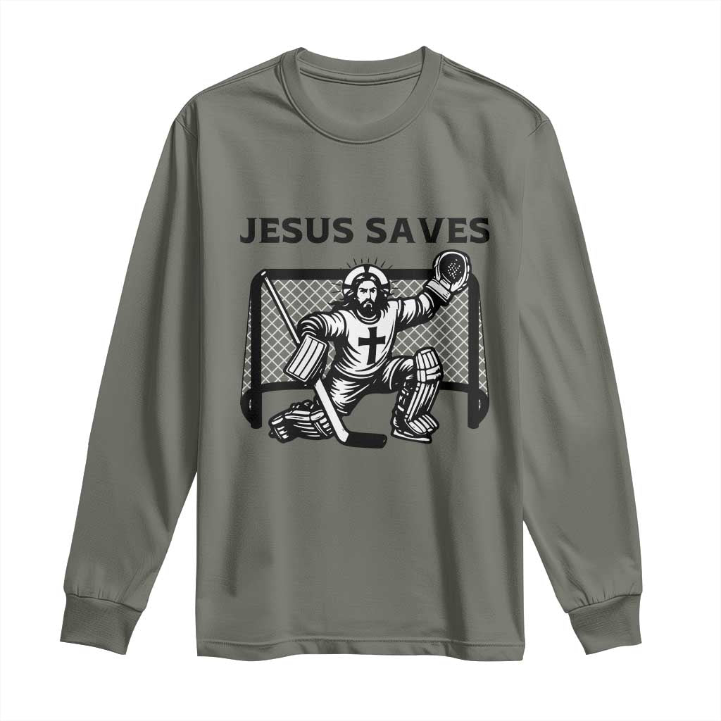 Funny Religious Ice Hockey Goalie Gift Long Sleeve Shirt Jesus Saves TS12 Military Green Print Your Wear